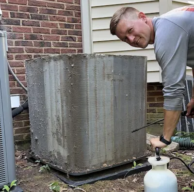 HVAC technician performing air conditioning maintenance