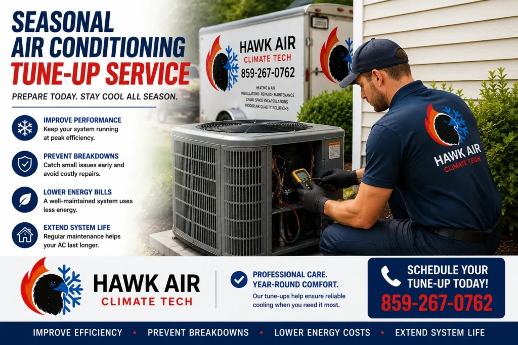 HVAC technician performing AC tune-up inspection